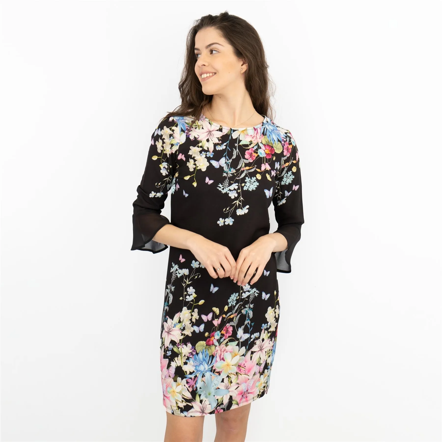 Lipsy Black Floral Print 3/4 Sleeve Short Dresses