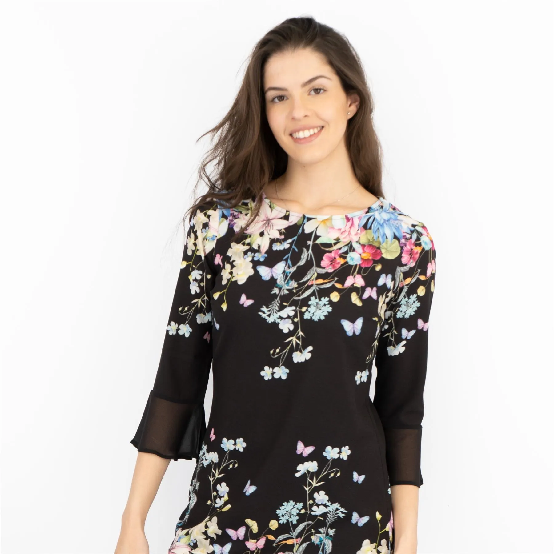 Lipsy Black Floral Print 3/4 Sleeve Short Dresses