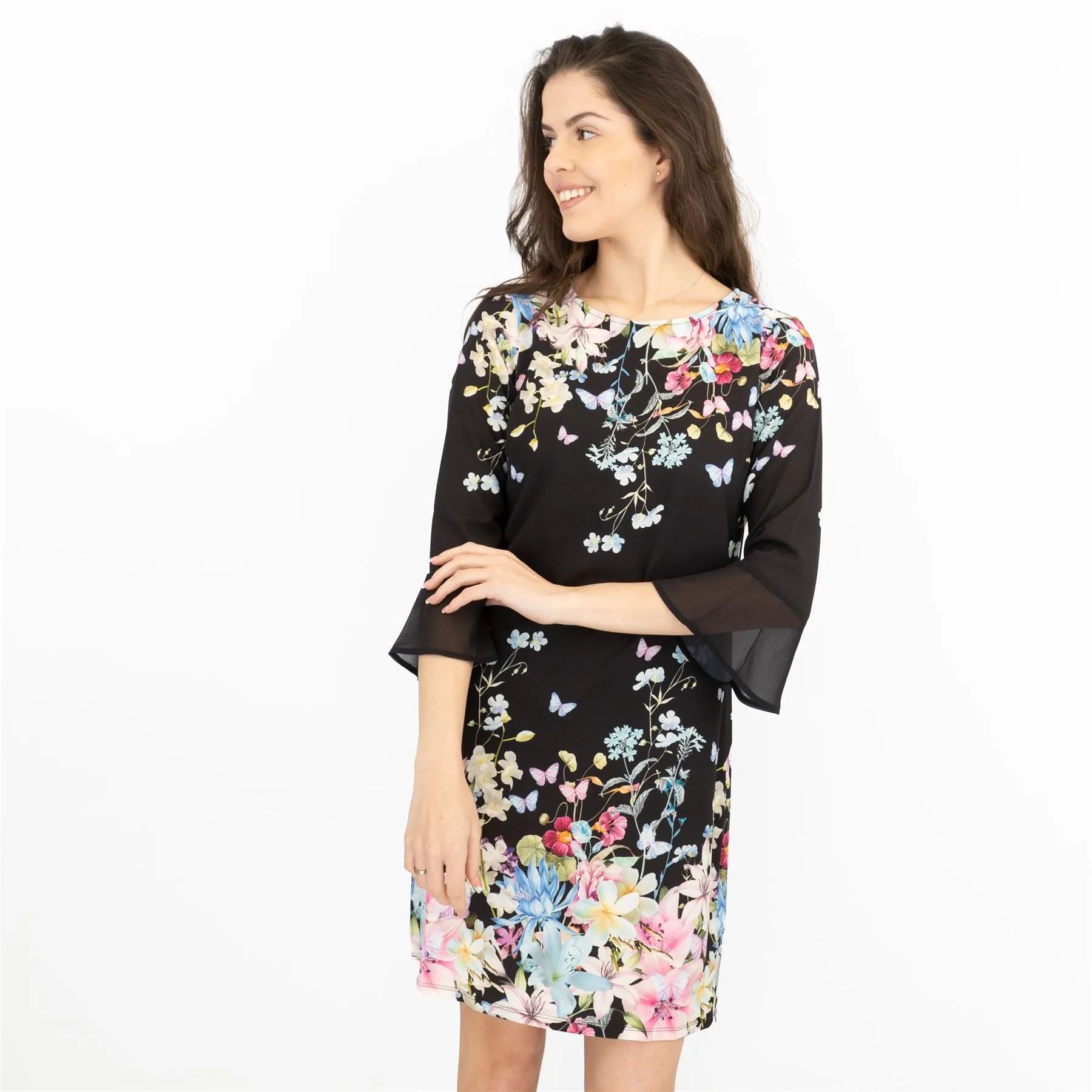 Lipsy Black Floral Print 3/4 Sleeve Short Dresses