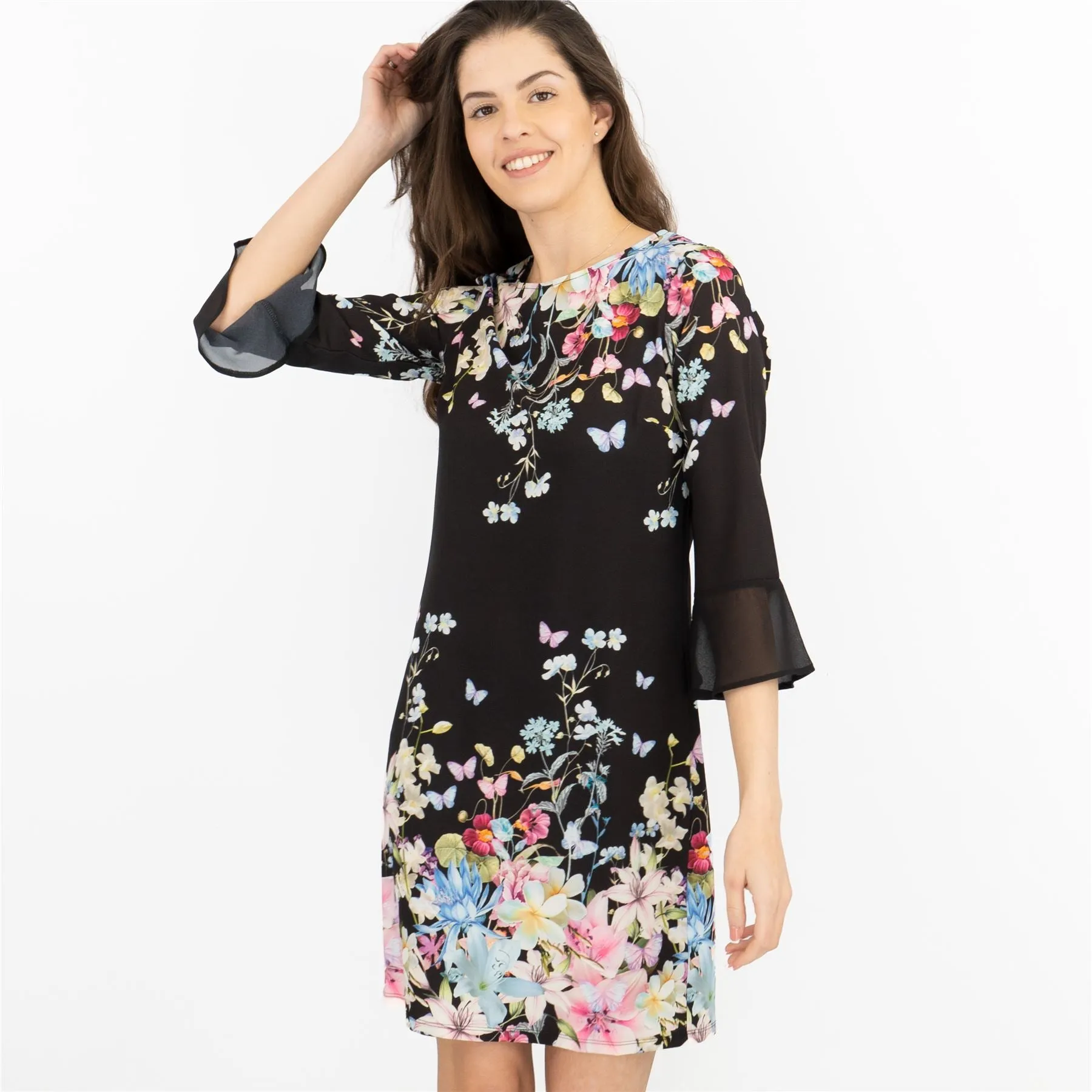Lipsy Black Floral Print 3/4 Sleeve Short Dresses