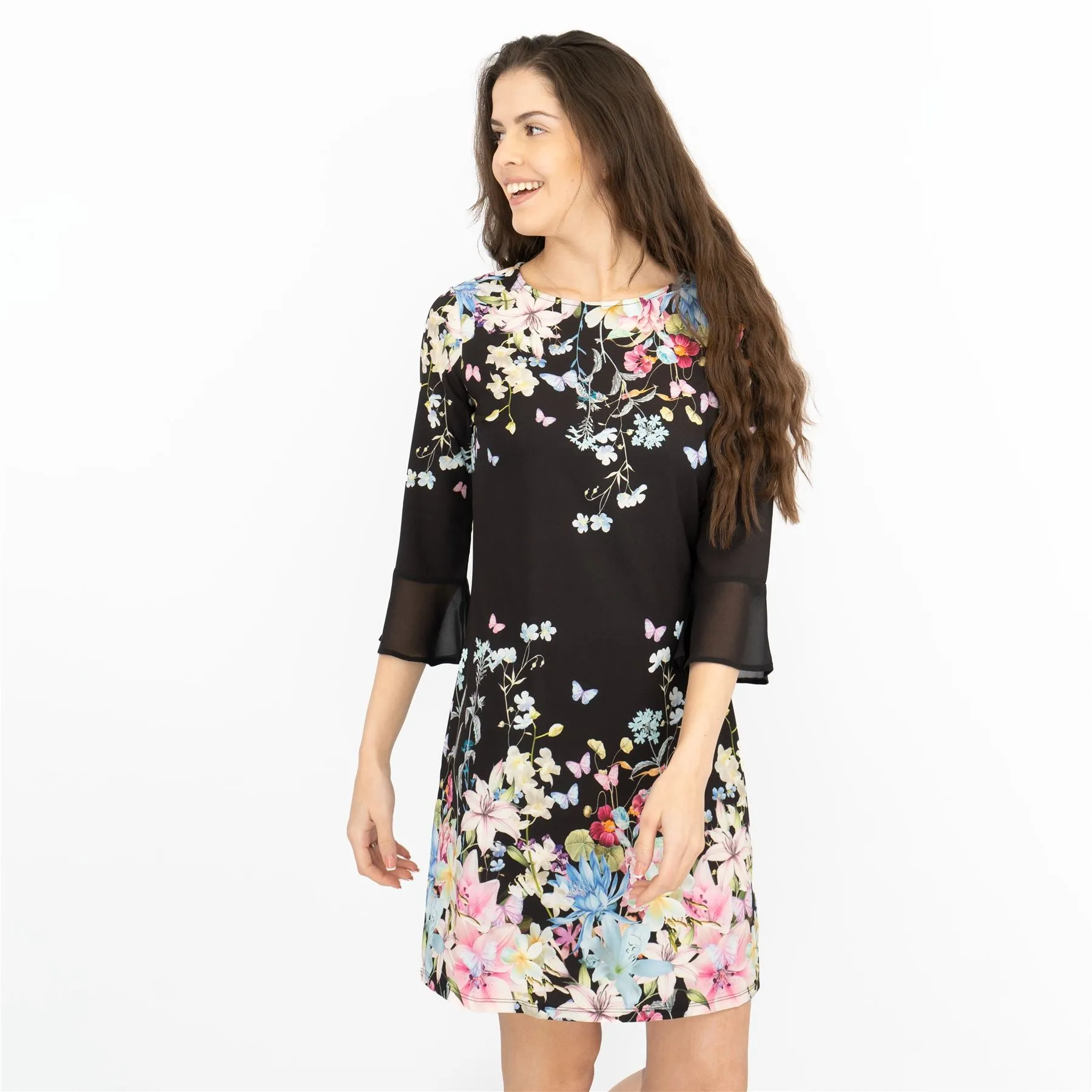Lipsy Black Floral Print 3/4 Sleeve Short Dresses
