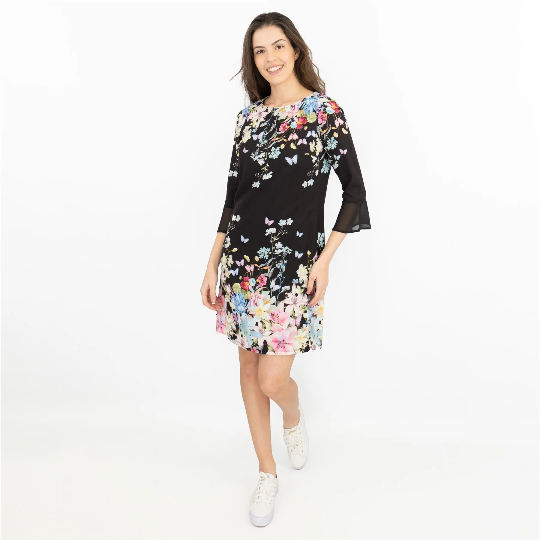 Lipsy Black Floral Print 3/4 Sleeve Short Dresses