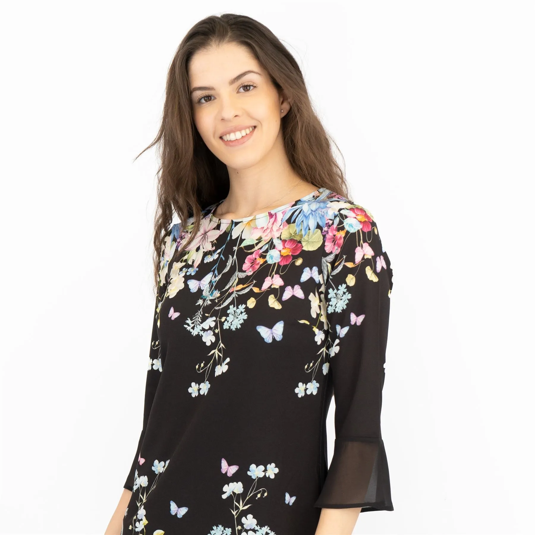 Lipsy Black Floral Print 3/4 Sleeve Short Dresses