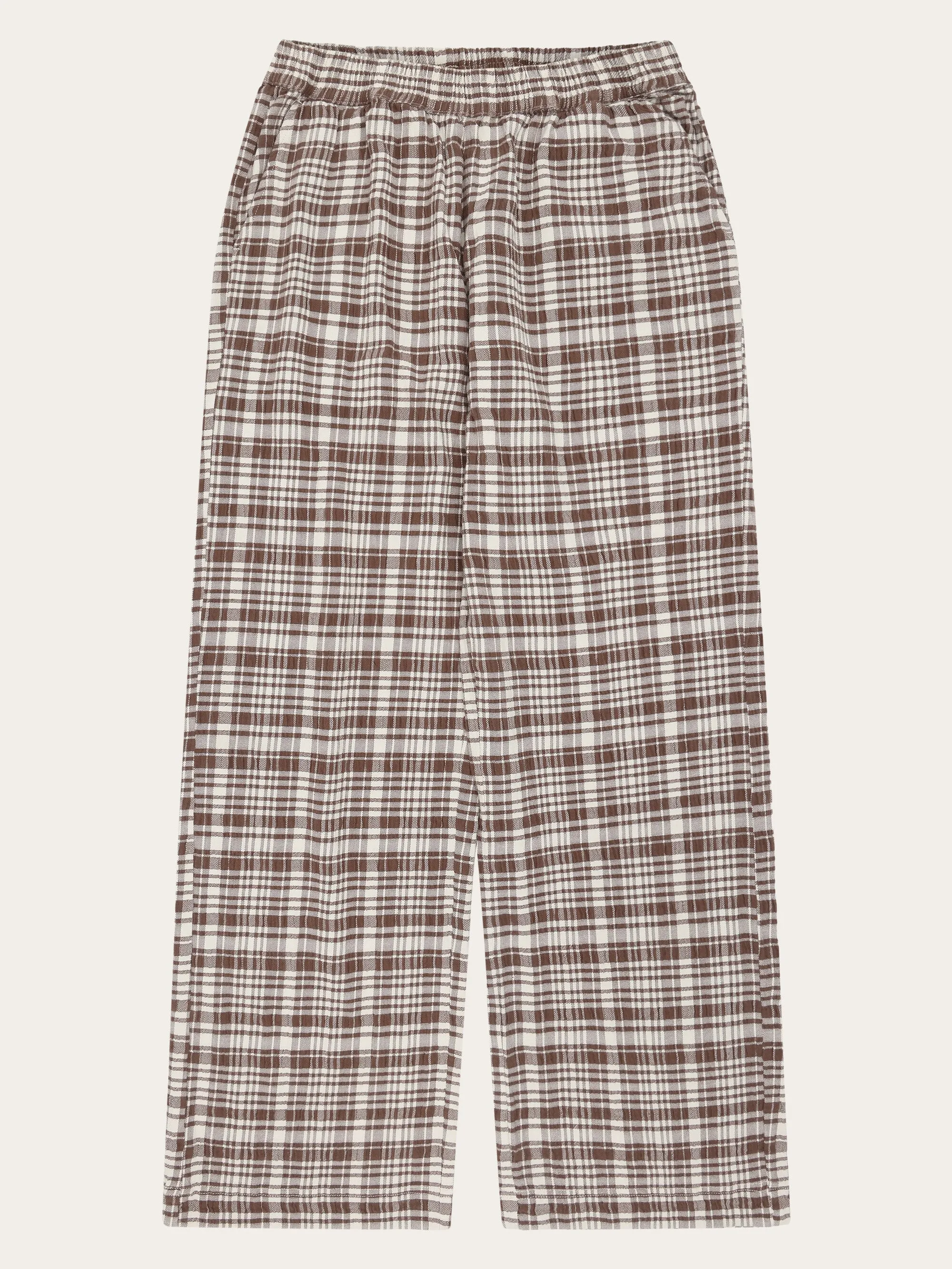 POSEY wide mid-rise check seersucker pants - GOTS/Vegan - Beige check Knowledge Cotton