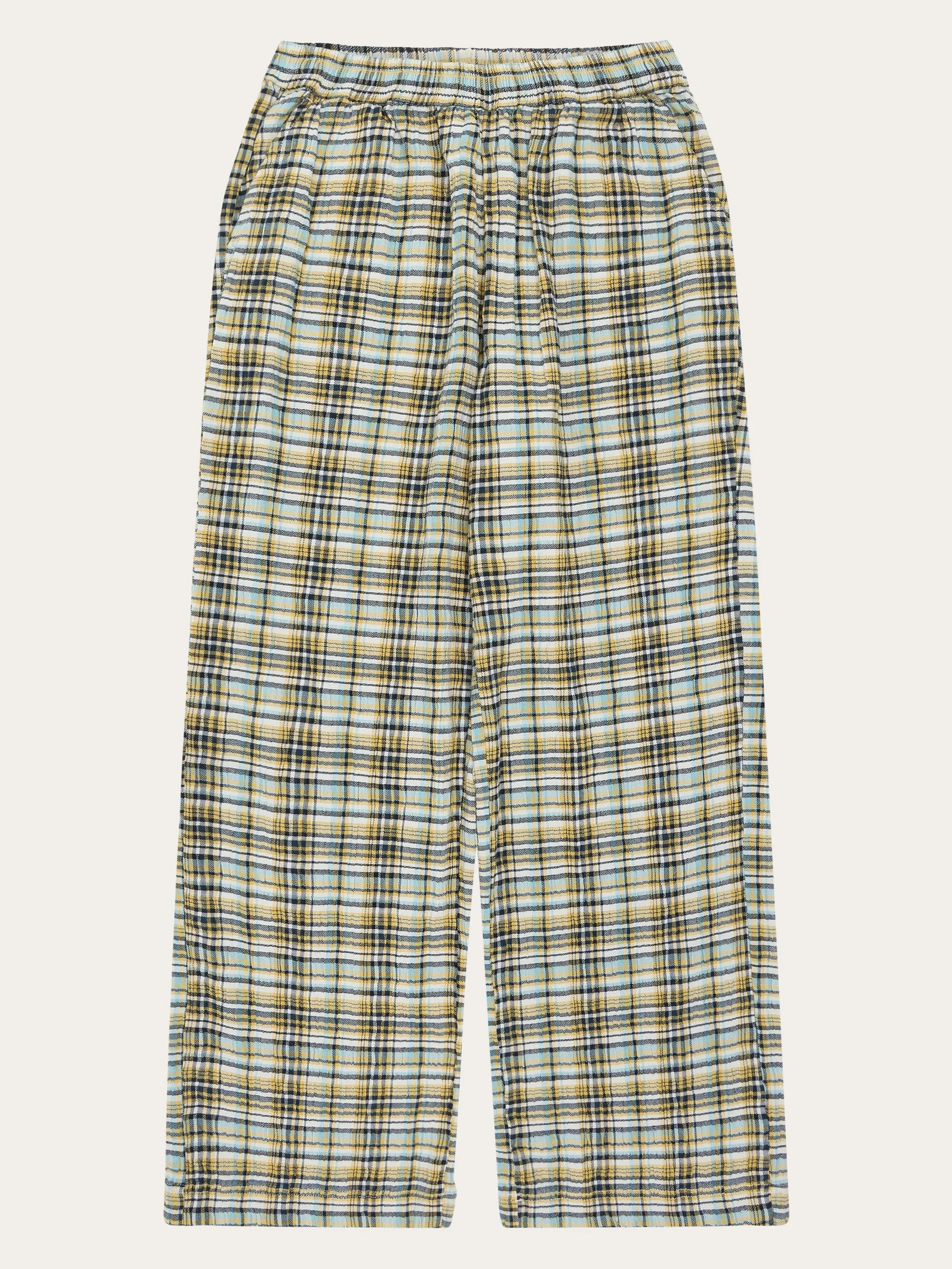 POSEY wide mid-rise check seersucker pants - GOTS/Vegan - Yellow check Knowledge Cotton