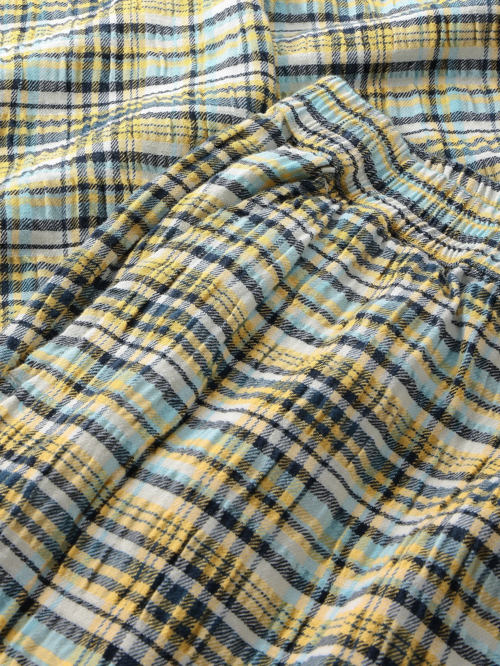 POSEY wide mid-rise check seersucker pants - GOTS/Vegan - Yellow check Knowledge Cotton