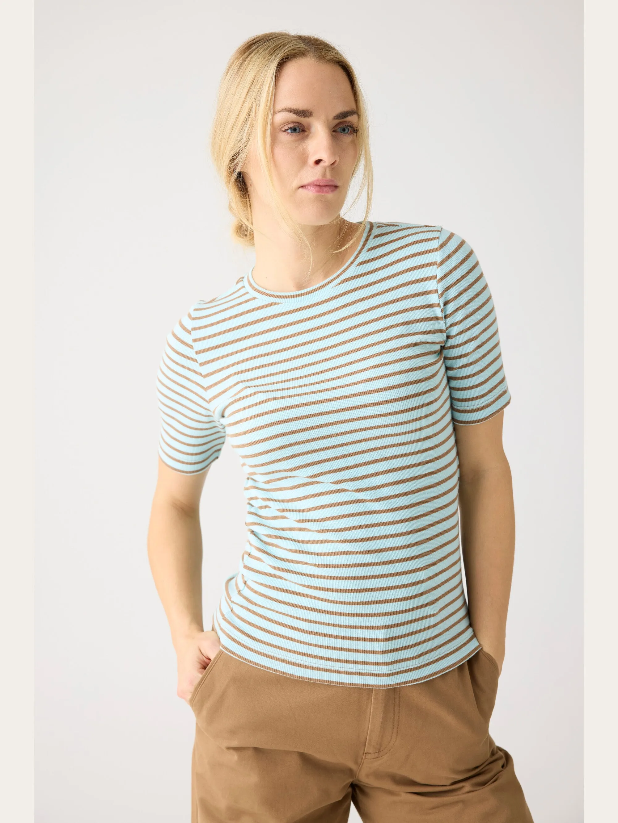 Striped rib t-shirt - Light Blue Stripe Knowledge Cotton
